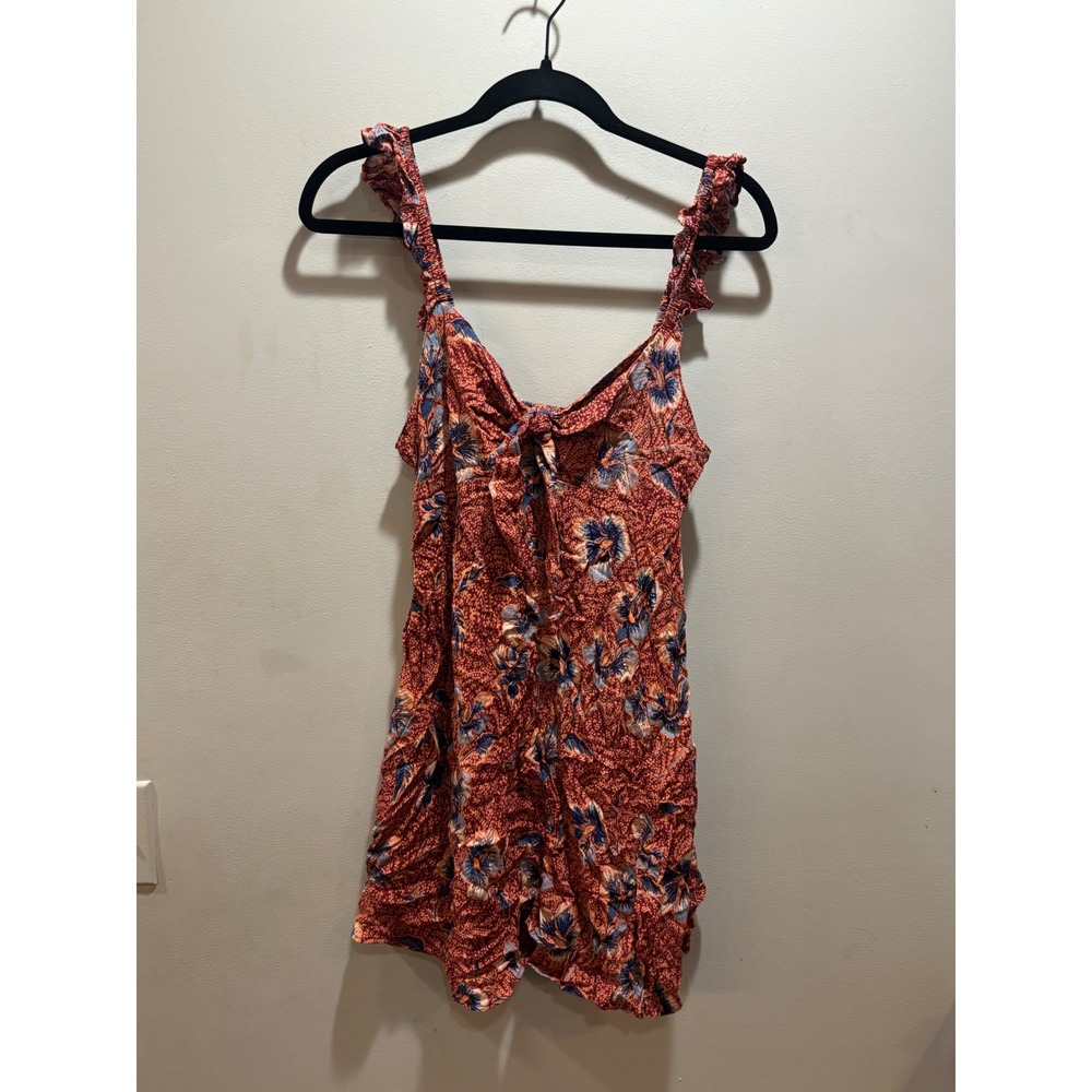 NWT Angie Floral Tie Front Ruffle Strap Tank Top Blouse Rust Orange Blue Small‎